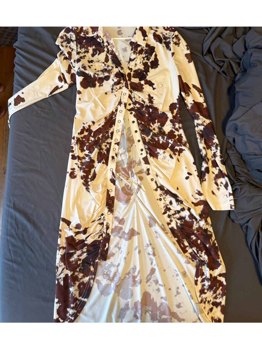 Cow-Print Button-Front Mini Dress in Cream and Brown